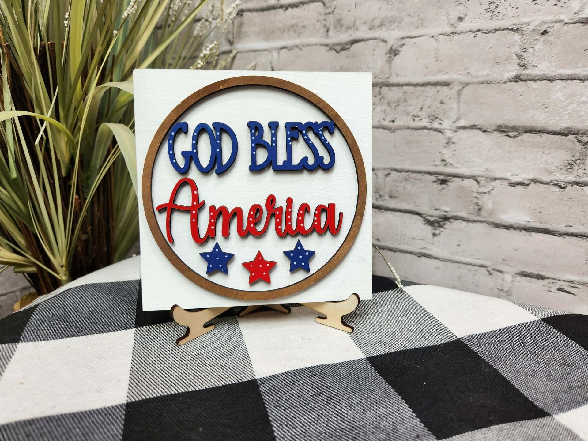 God Bless America Change Out Square, God Bless America decor, God Bless America tiered tray decor, God Bless America  dough bowl décor