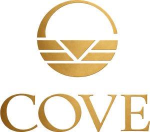 Logotipo dourado da COVE com emblema circular estilizado e a palavra &ldquo;COVE&rdquo; abaixo.