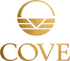 Logotipo dourado da COVE com emblema circular estilizado e a palavra &ldquo;COVE&rdquo; abaixo.