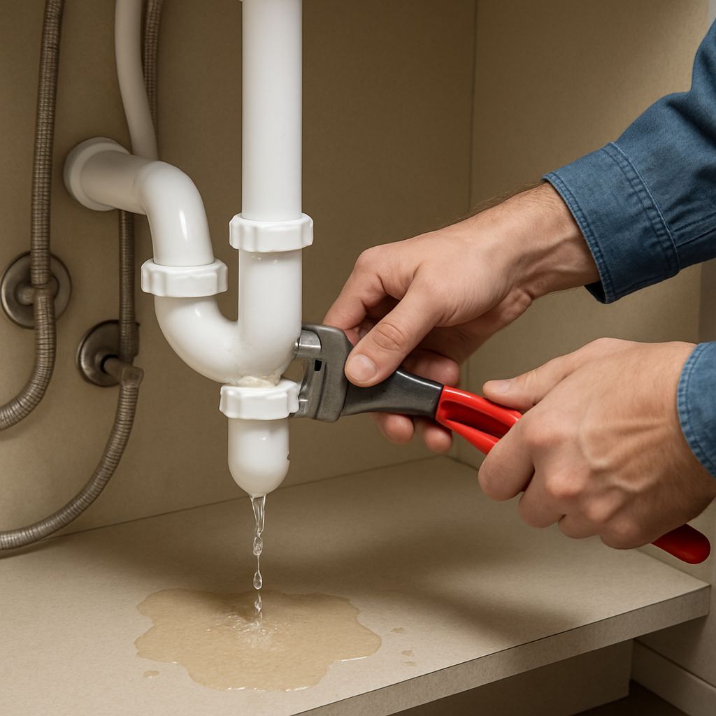 A person uses a wrench to tighten a leaking white P-trap pipe under a sink.
