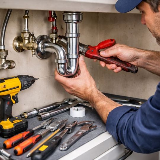 A person uses red-handled pliers to tighten a metal P-trap pipe under a sink, with various tools laid out nearby.
