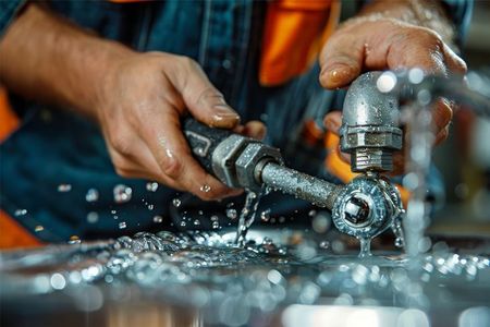 Close-up of a worker's hands repairing a leaking metal pipe at a sink, with water splashing onto the surface below.