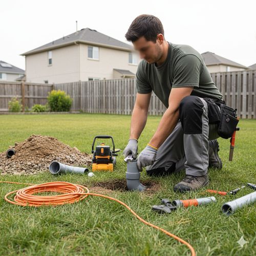 A person in work clothes kneels on a grassy lawn, installing or repairing a PVC pipe in an outdoor residential setting.