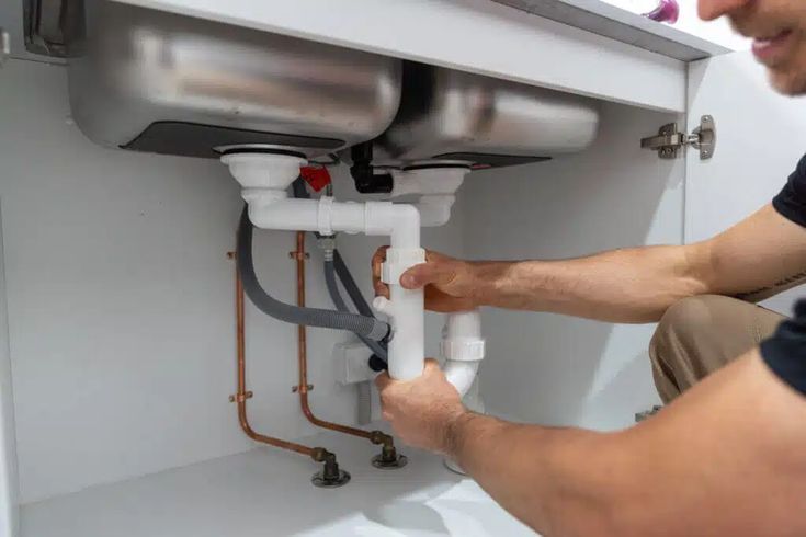 A person installs white PVC sink plumbing underneath a kitchen cabinet.