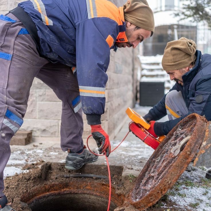 Two workers in winter gear feed a red cable from a measuring device into an open manhole on a snowy, paved surface.