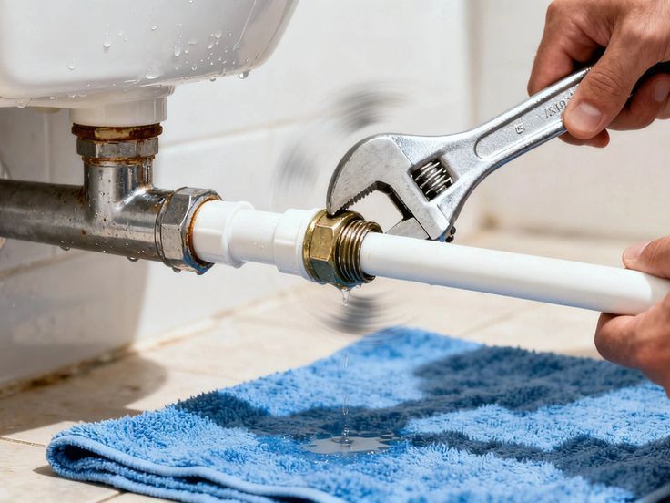 A person uses an adjustable wrench to tighten a metal nut on a white plastic pipe beneath a toilet.