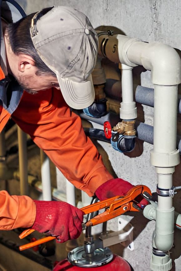 A person in an orange work uniform and red gloves uses a pipe wrench to tighten a fitting on a vertical white pipe system.