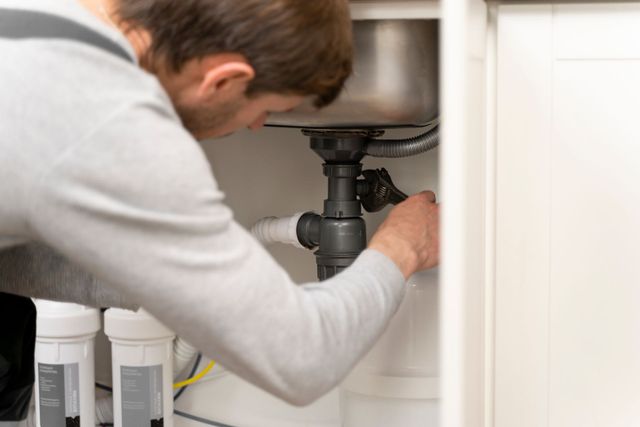 A person in a gray sweater uses a wrench to repair plumbing pipes under a kitchen sink.