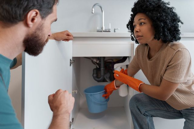 Two people work together under a sink; one holds a blue bucket under pipes while the other observes.
