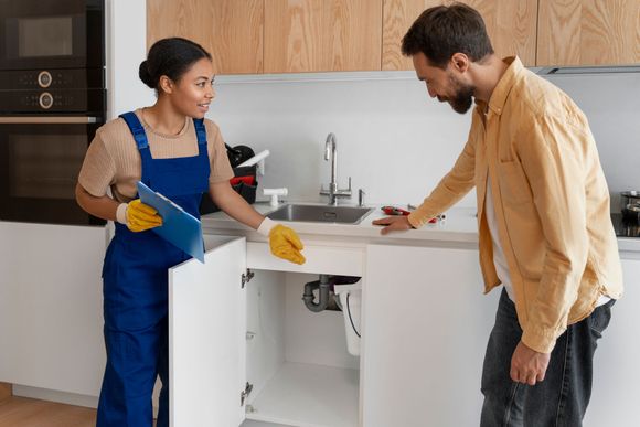 A professional in blue overalls and yellow gloves explains a kitchen sink repair to a person in a tan shirt.