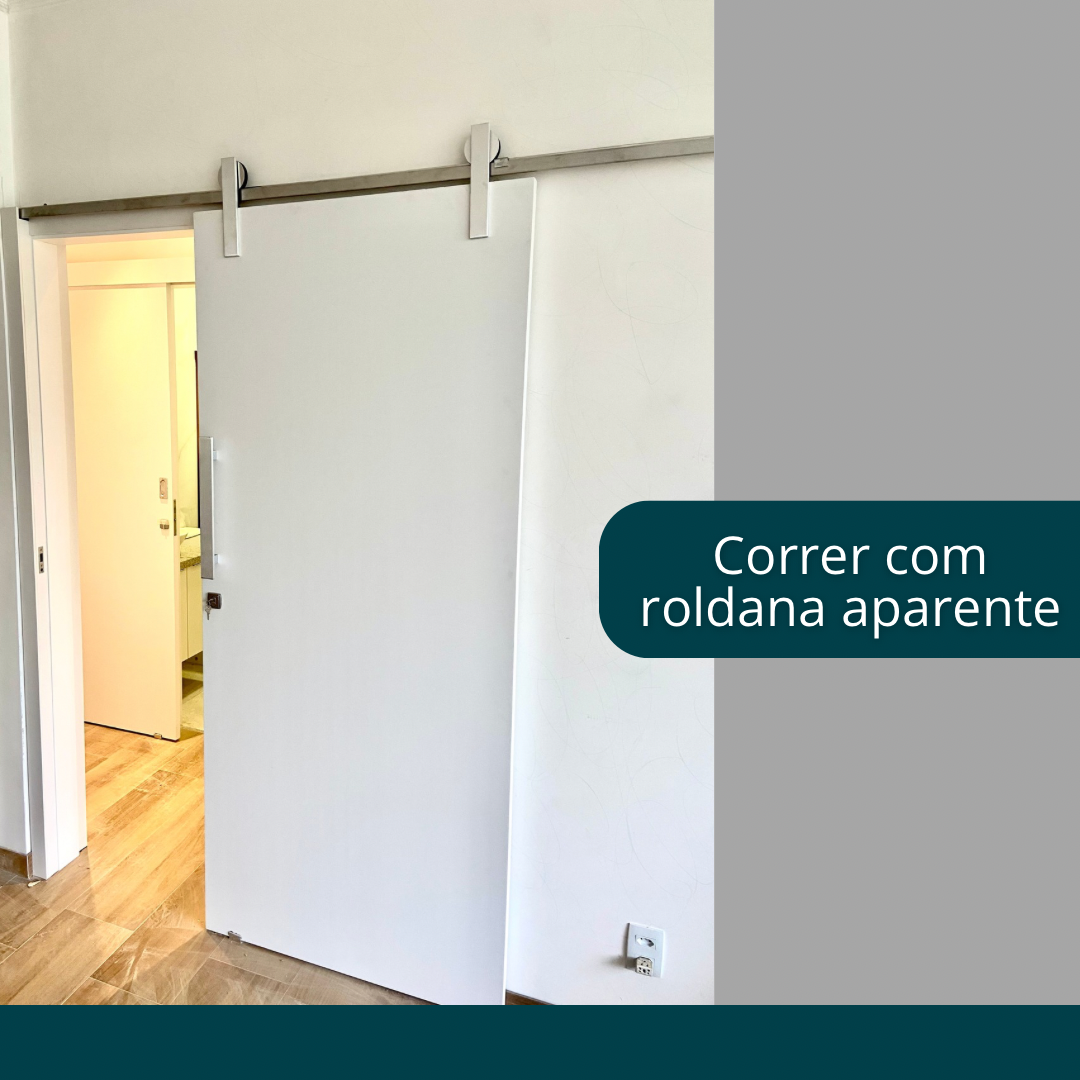 Uma imagem de uma porta de celeiro deslizante com as palavras kit de correr roldanas aparentes