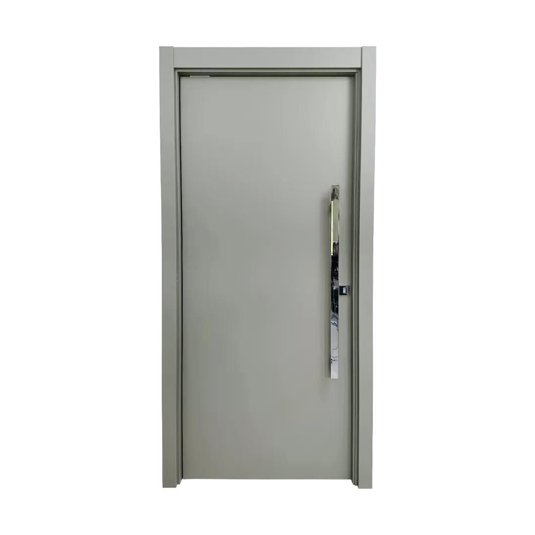 Uma porta cinza com uma maçaneta longa em um fundo branco.