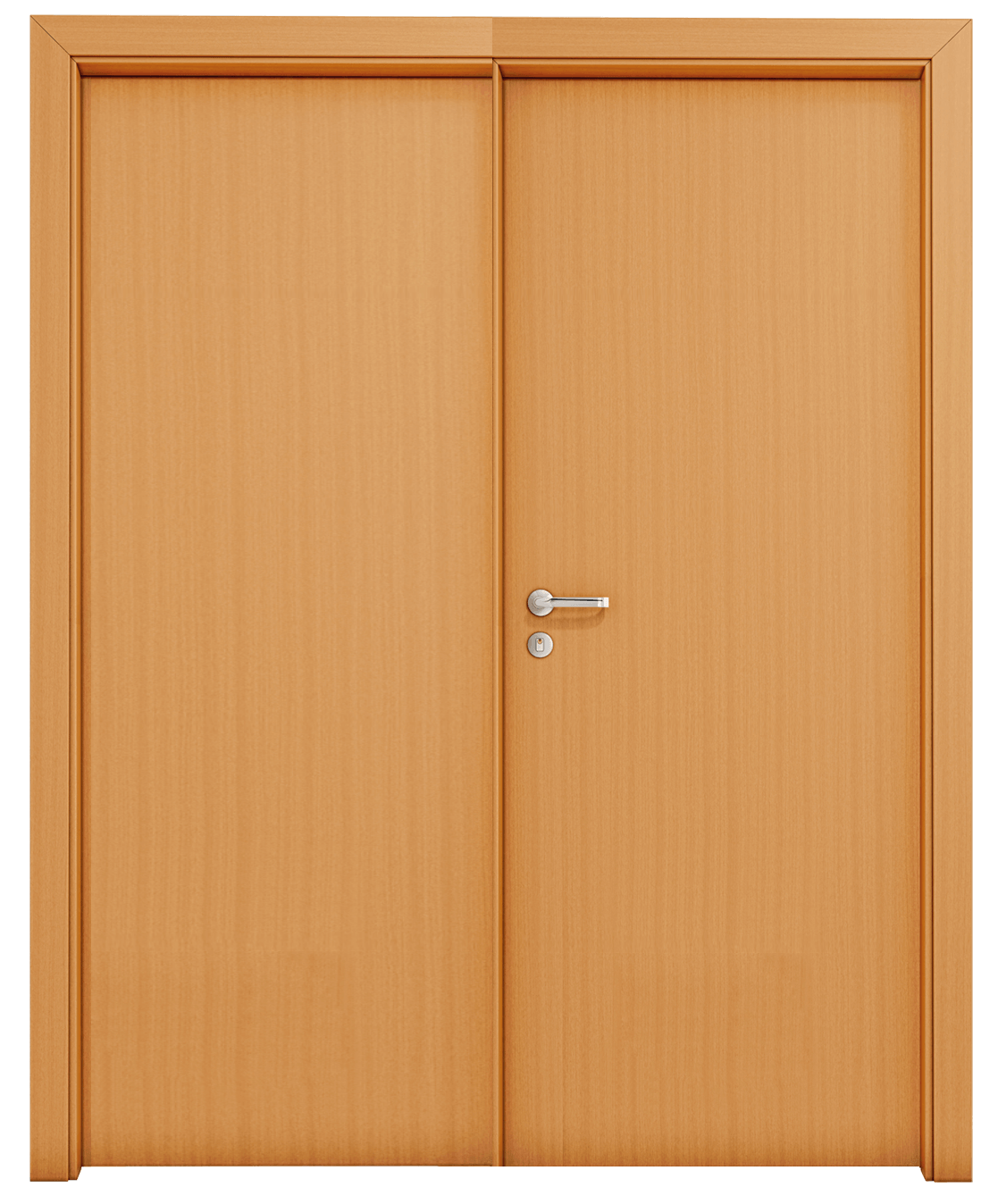 Uma porta dupla de madeira com uma maçaneta em um fundo branco