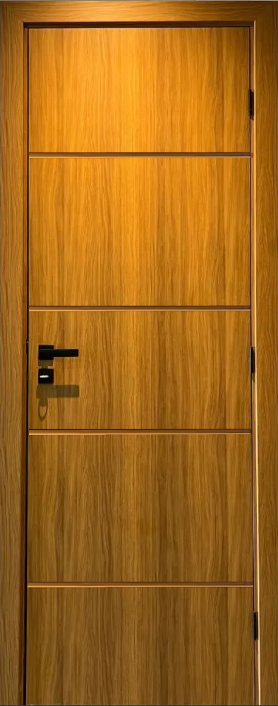 Um close de uma porta de madeira com uma maçaneta preta.