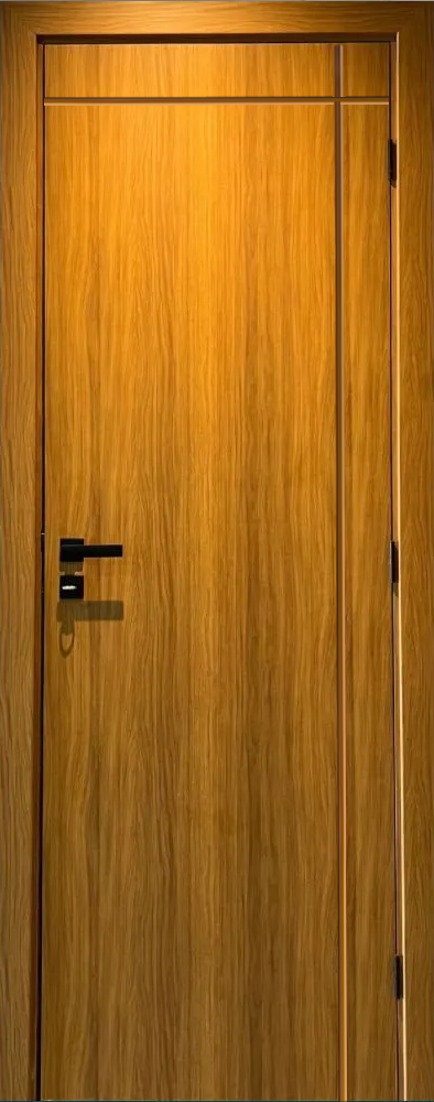 Um close de uma porta de madeira com uma maçaneta preta.