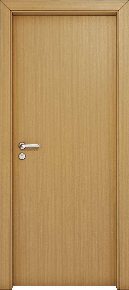 Uma porta de madeira com uma maçaneta em um fundo branco.