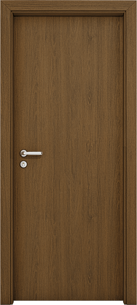 Uma porta de madeira com uma maçaneta em um fundo branco.