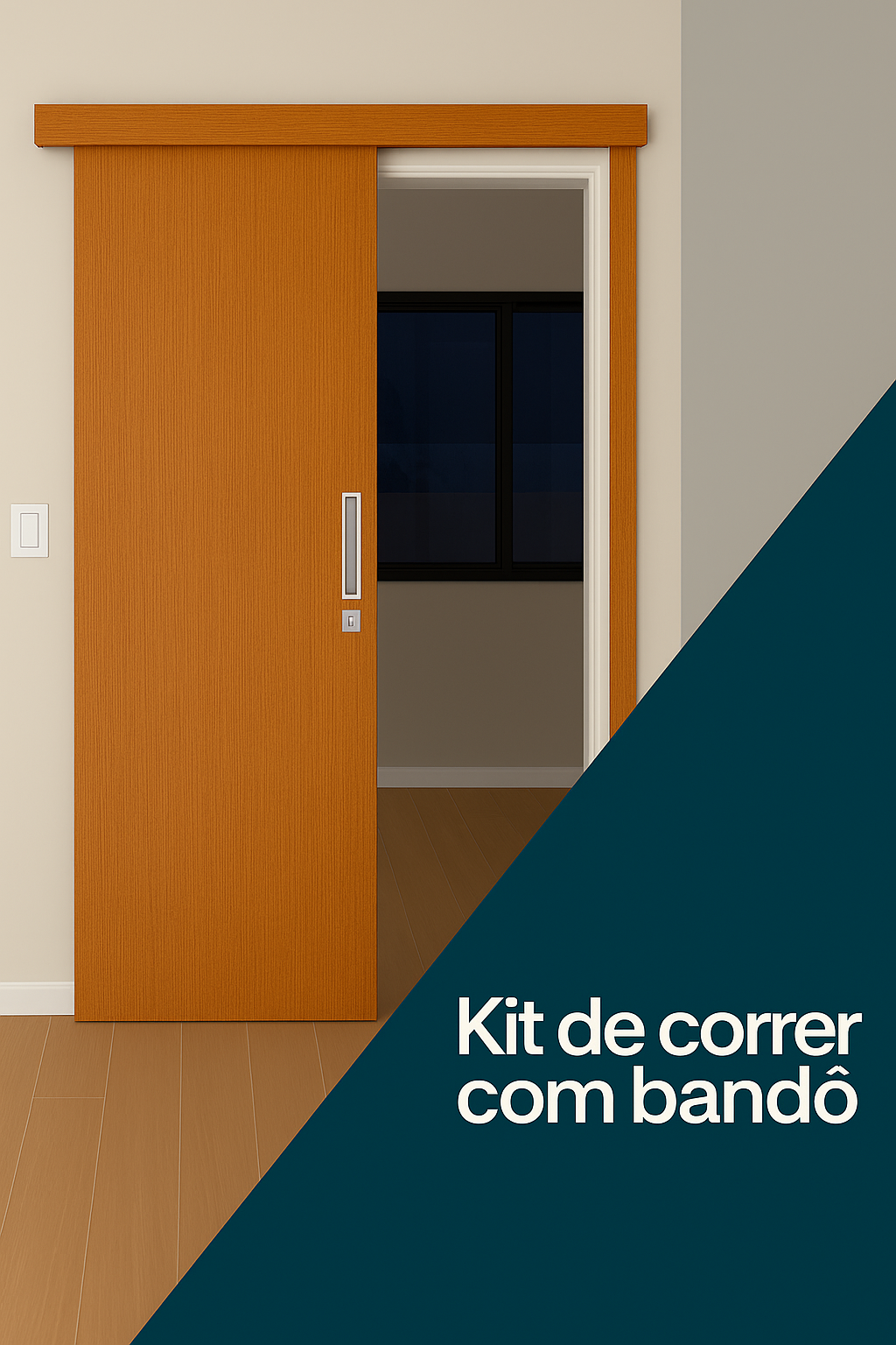 Uma imagem de uma porta de correr que diz kit de correr com bando