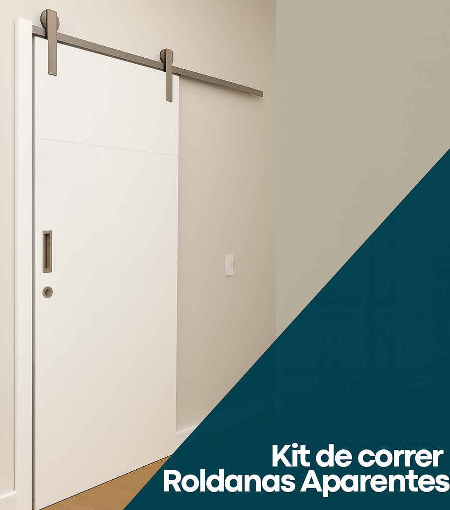 Uma imagem de uma porta de celeiro deslizante com as palavras kit de correr roldanas aparentes