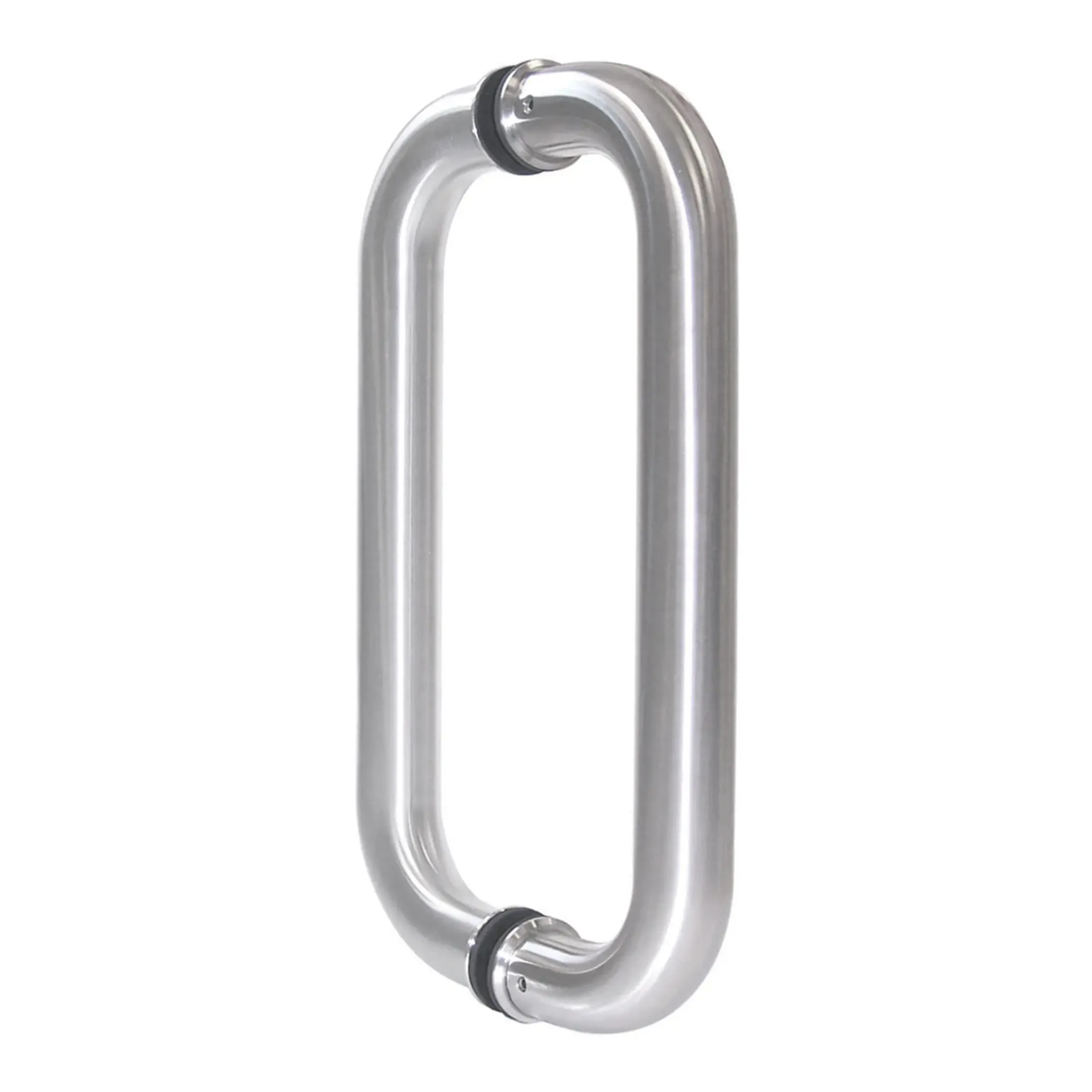 Uma maçaneta de porta de aço inoxidável com uma alça de vidro em um fundo branco.