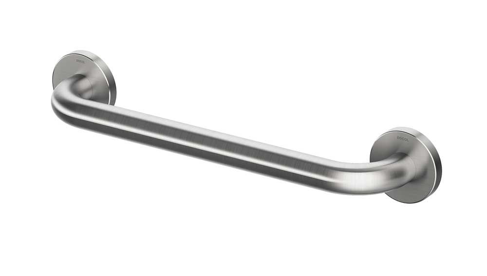 Uma barra de apoio de aço inoxidável com uma extremidade redonda em um fundo branco.