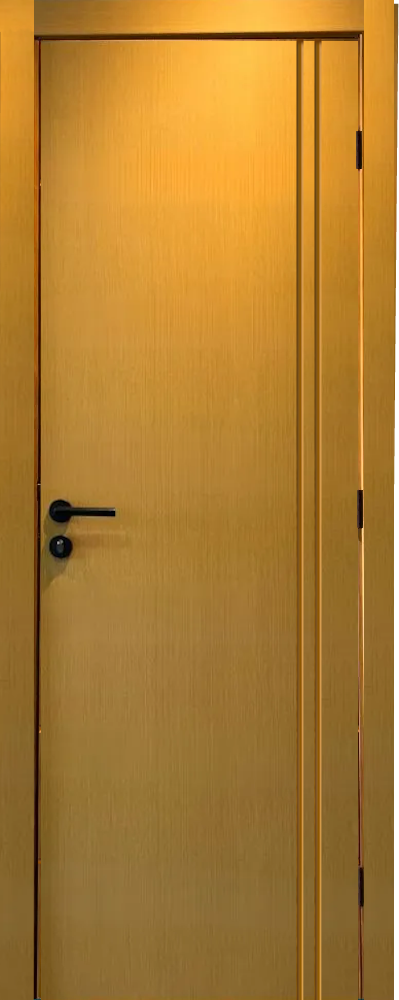 Uma porta de madeira com uma maçaneta preta sobre um fundo branco.