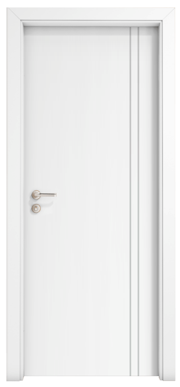 Uma porta branca com uma maçaneta de aço inoxidável em um fundo branco.