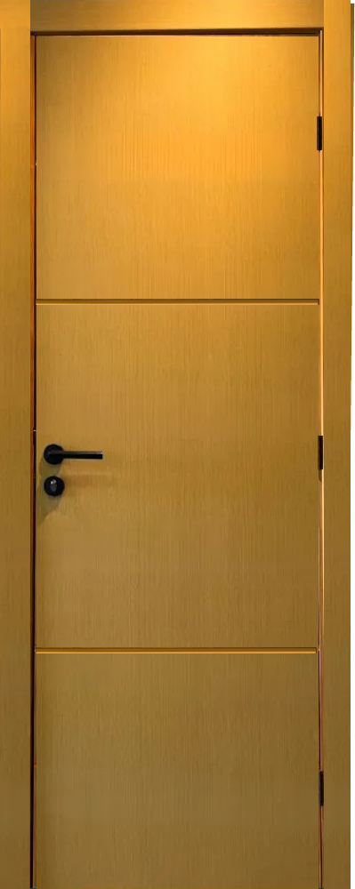 Uma porta de madeira com uma maçaneta preta sobre um fundo branco.