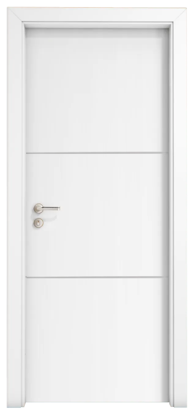 Uma porta branca com três linhas sobre um fundo branco.