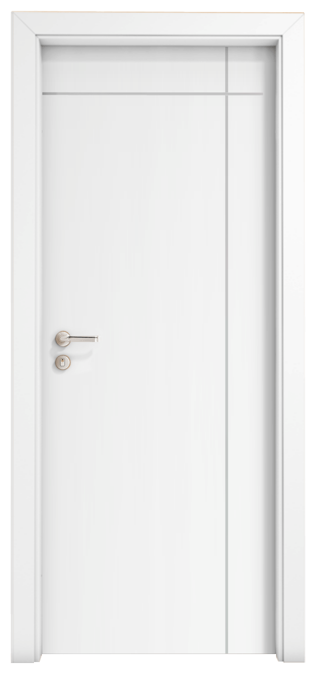 Uma porta branca com uma maçaneta de aço inoxidável em um fundo branco.