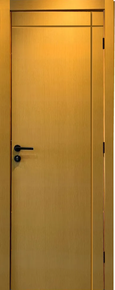 Um close de uma porta de madeira com uma maçaneta preta.