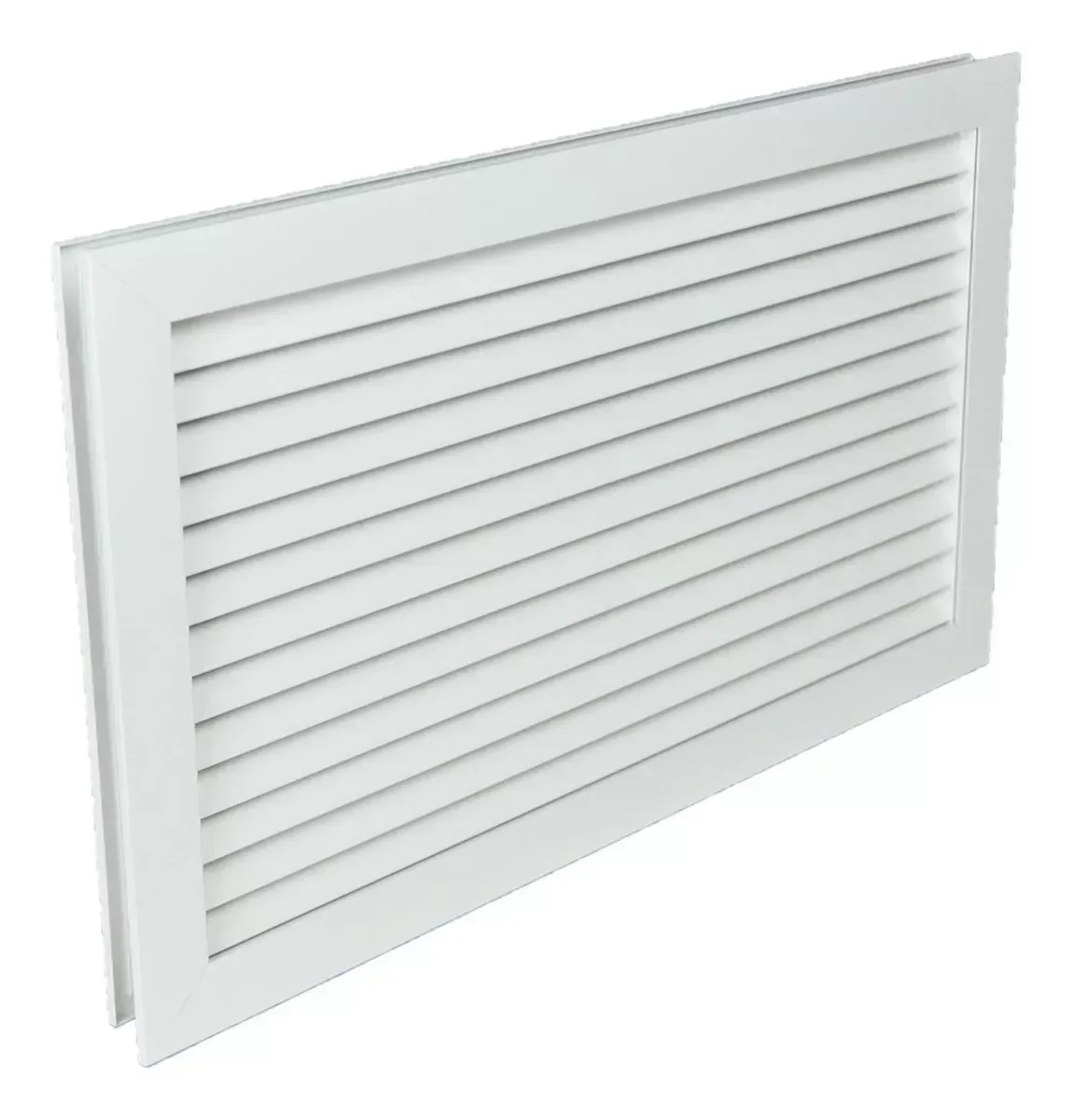 Uma saída de ar branca com uma moldura branca em um fundo branco.