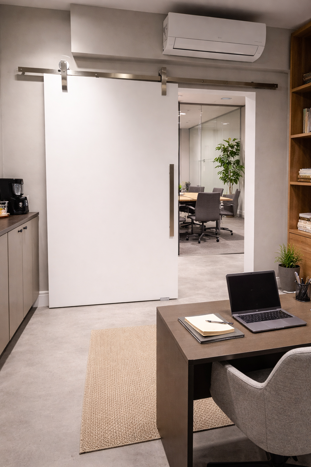 Uma imagem de uma porta de celeiro deslizante com as palavras kit de correr roldanas aparentes