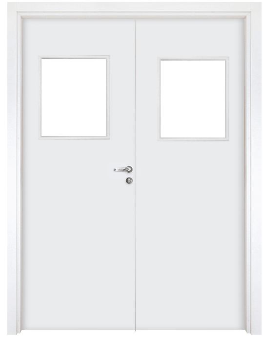 Uma porta dupla branca com duas janelas em um fundo branco.