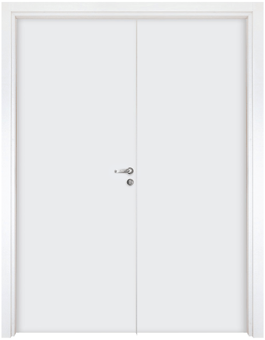 Uma porta dupla branca com duas maçanetas em um fundo branco.