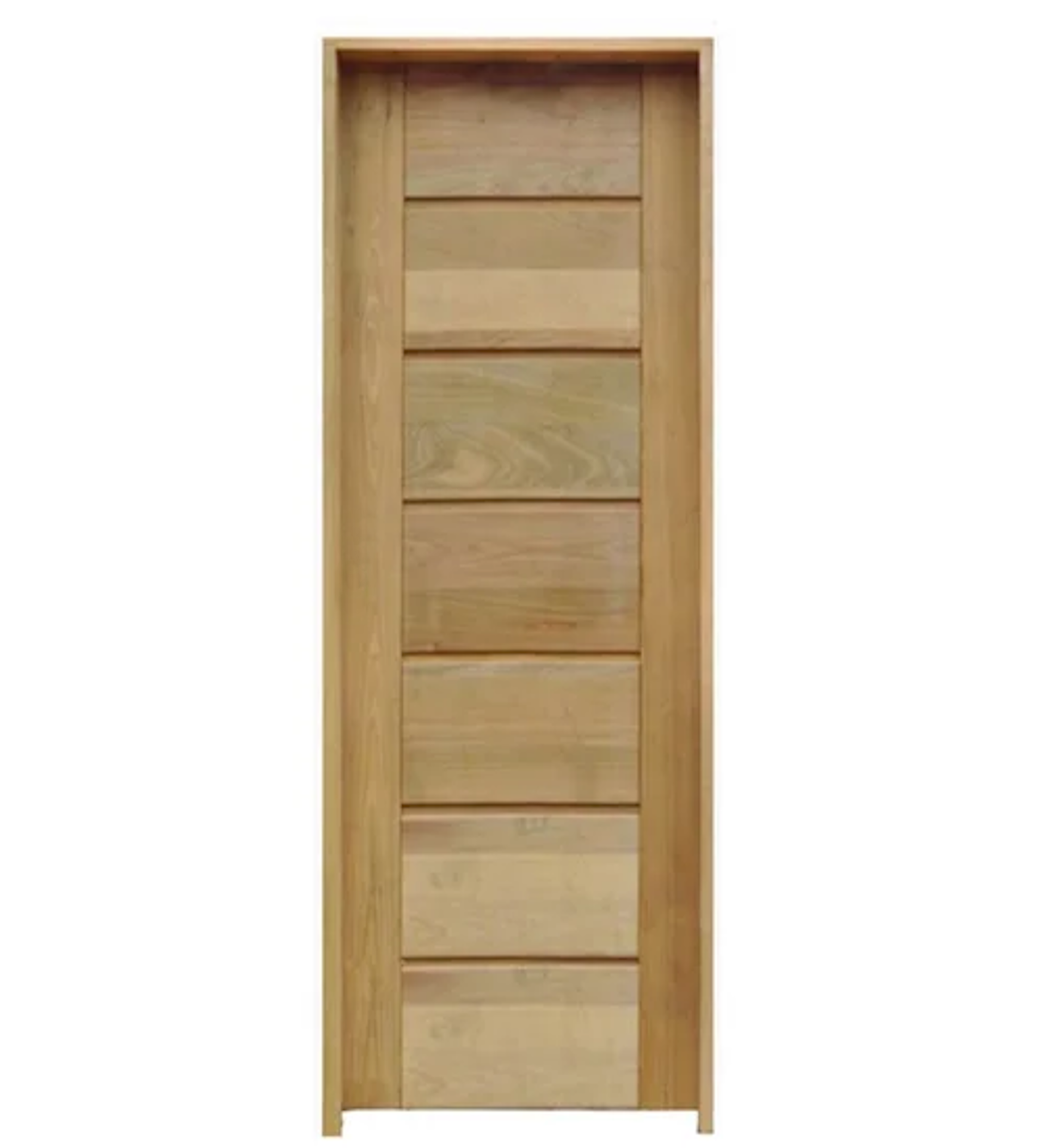 Uma porta de madeira com uma moldura de madeira sobre um fundo branco