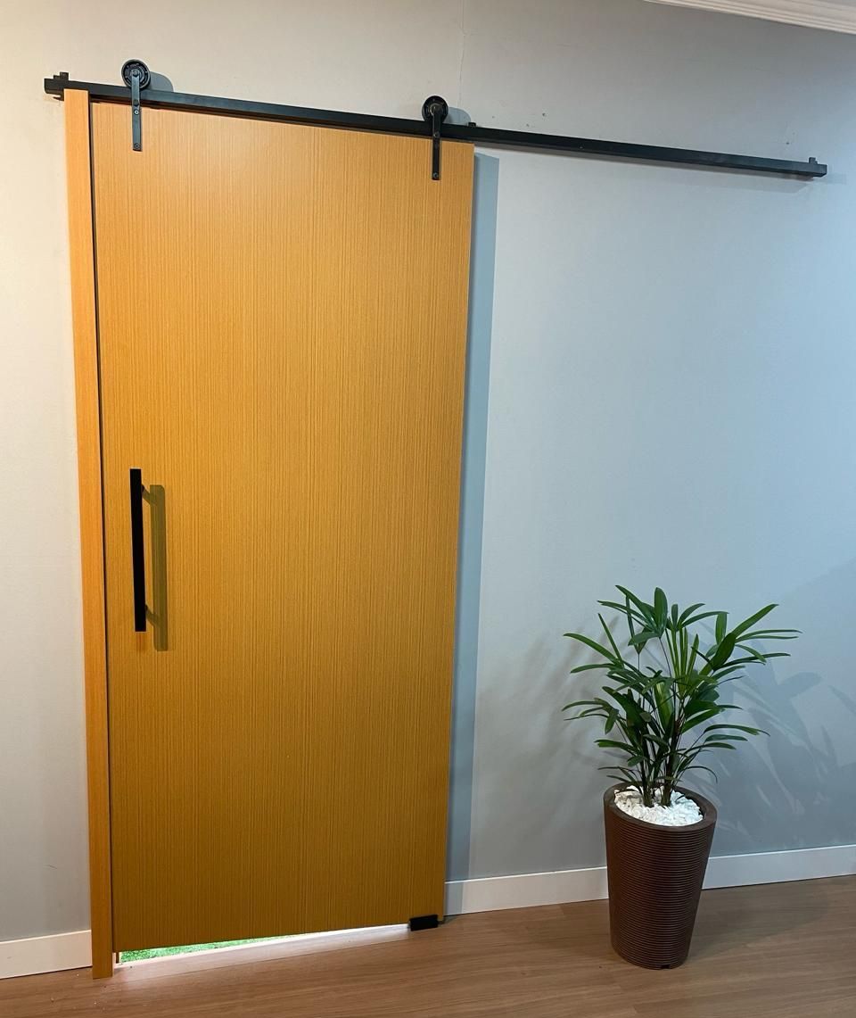 Uma porta de correr de celeiro está pendurada na parede ao lado de uma planta em vaso.