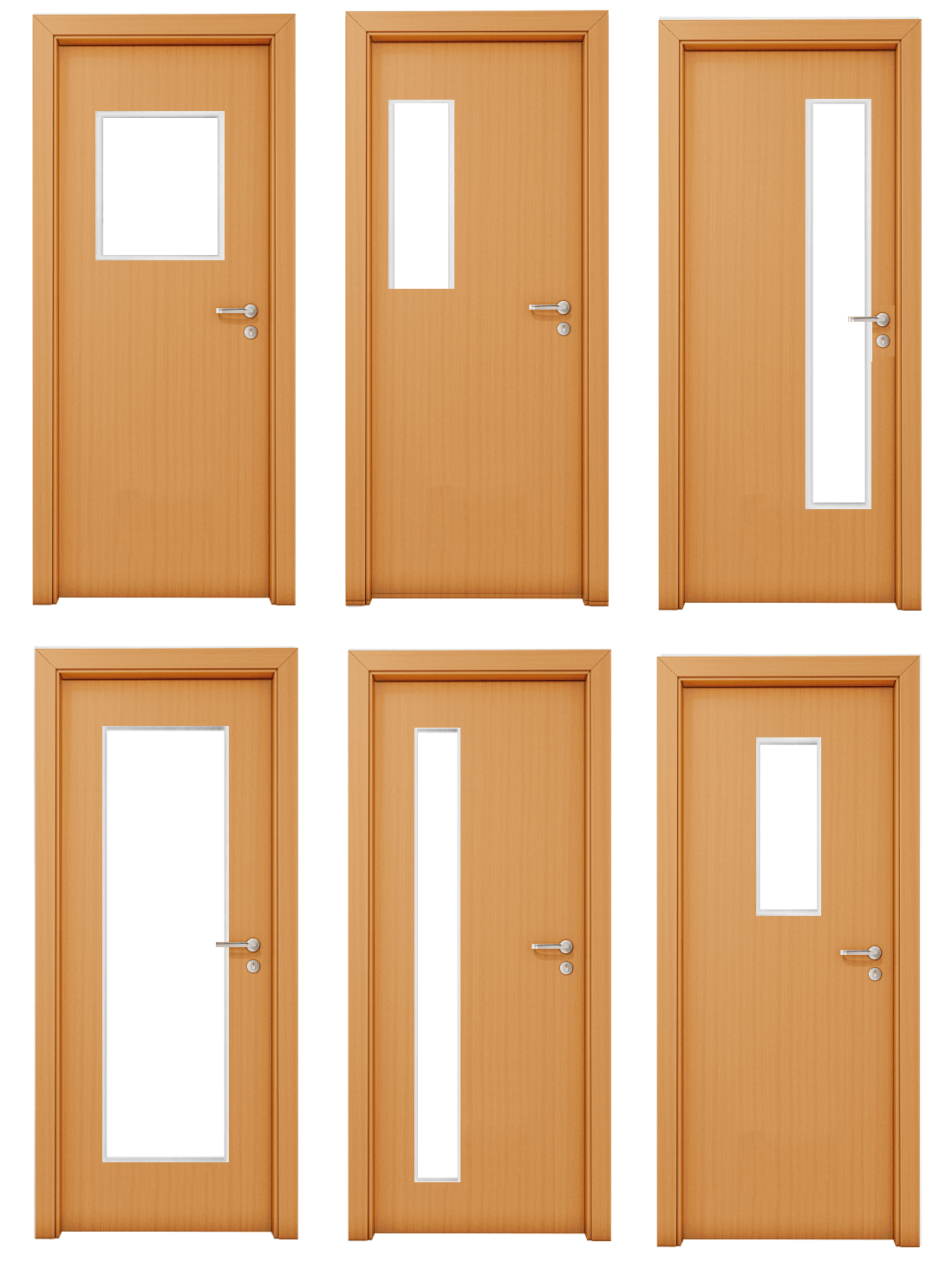 Um conjunto de portas de madeira com diferentes tipos de janelas