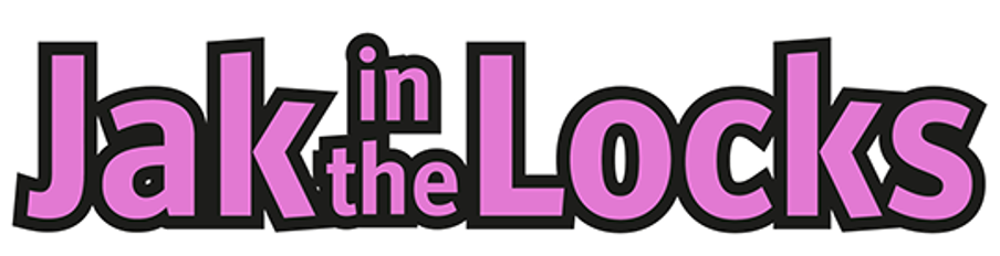 A pink and black logo for jak in the locks