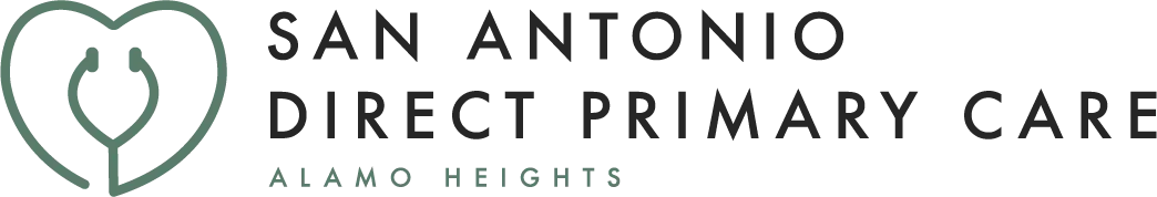 Logo for San Antonio Direct Primary Care, Alamo Heights. Features a heart and stethoscope design.