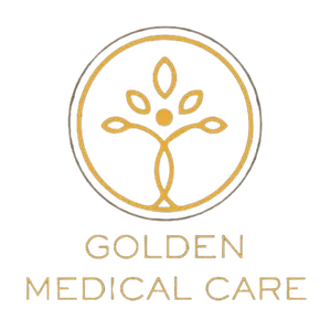 Golden Medical Care logo: gold tree-like figure within a circle, with text below.