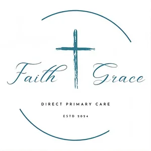 Logo for Faith Grace Direct Primary Care, featuring a teal cross and text within a teal circle.