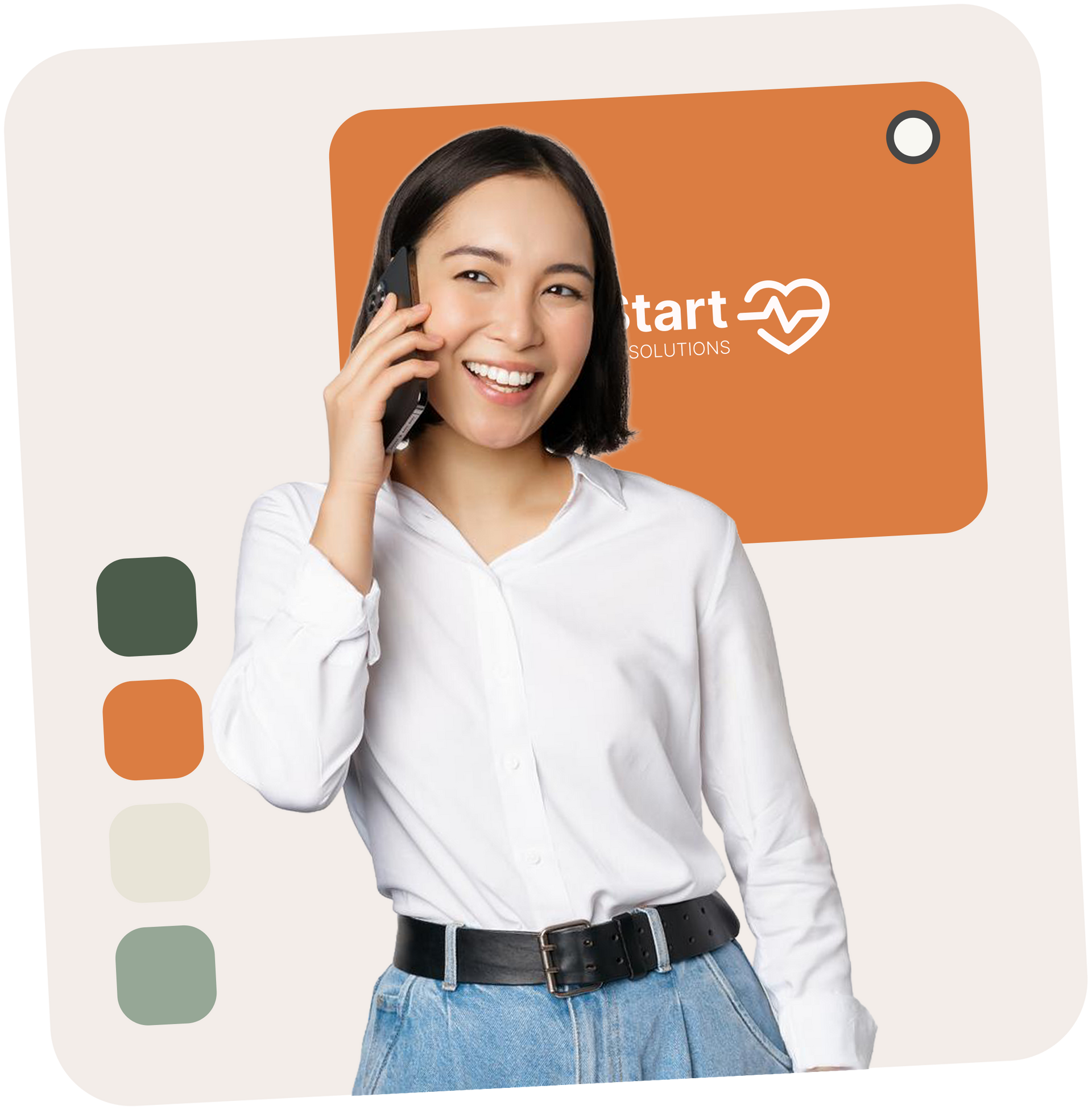 Woman smiling while on the phone, a health services sign in the background.