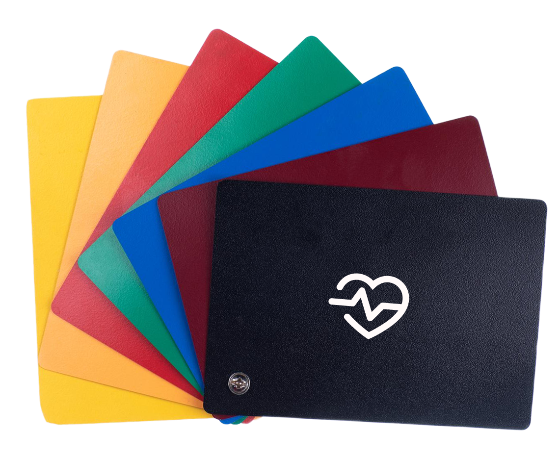 A black card with a heart rate symbol and a fan of colored cards fanned behind it.