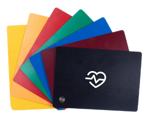 A black card with a heart rate symbol and a fan of colored cards fanned behind it.