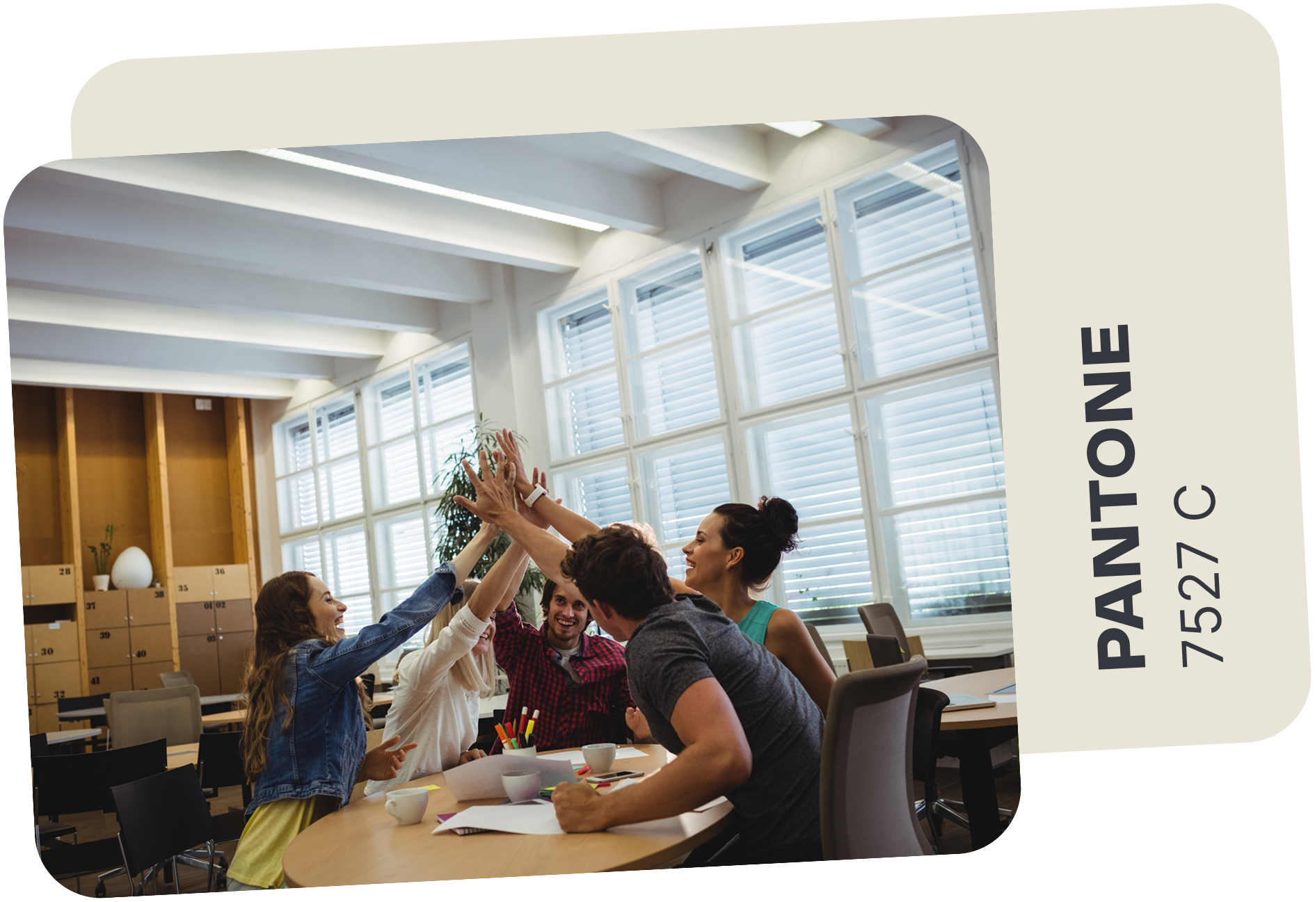 Team celebrating, high-fiving over a table in a bright office. Beige color swatch with 