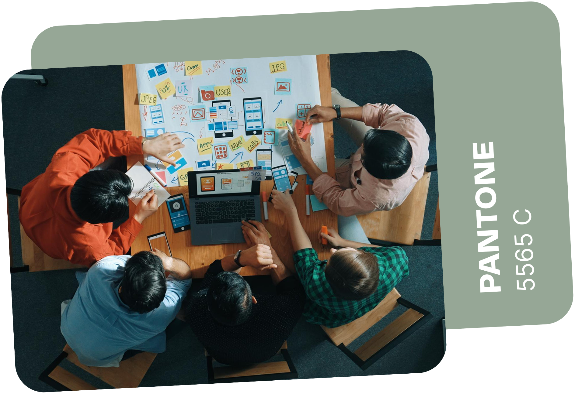 Team of people collaborating around a table, brainstorming designs. Pantone color 5565 C.