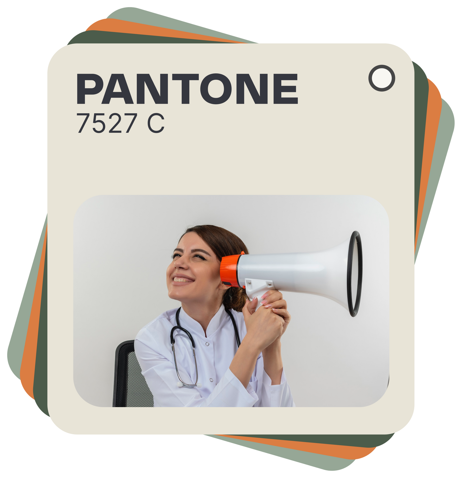 Woman wearing a lab coat and stethoscope holds a megaphone to her ear, smiling. Pantone color 7527 C.