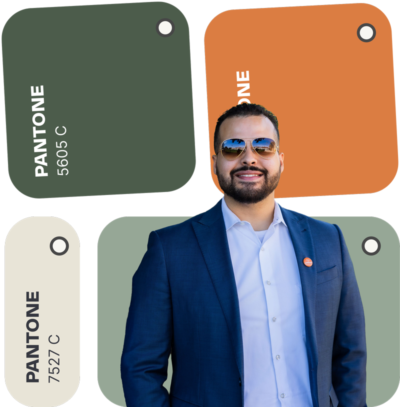 Man wearing sunglasses and a navy blazer, surrounded by color swatches: green, orange, and off-white.