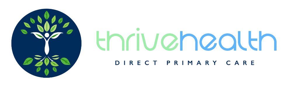 Logo of Thrive Health, with a tree icon in a blue circle and the words “thrive health” in green and blue.